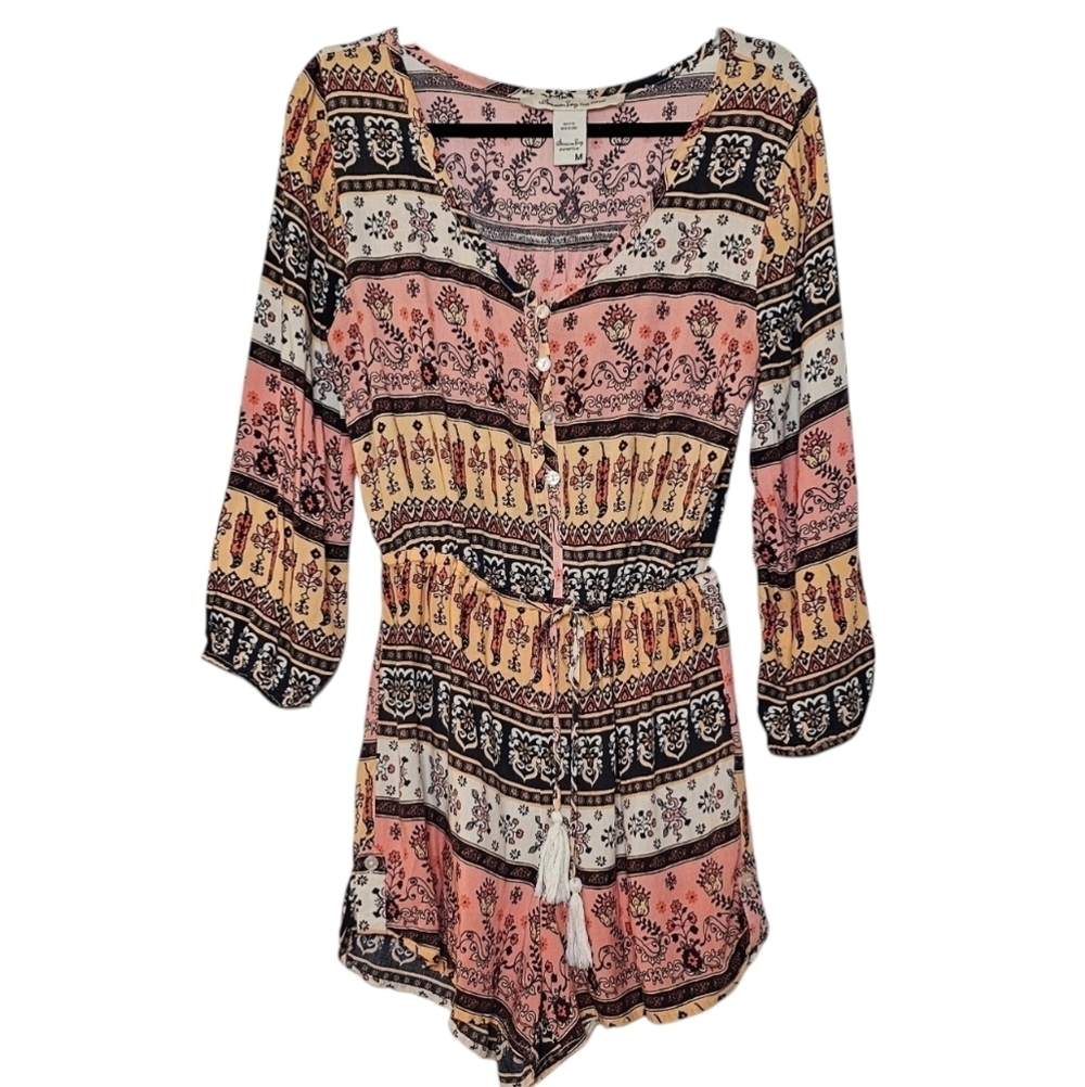 American Rag Long Sleeve Romper Boho Pink Peach Floral Print Festival Sz Medium - Picture 1 of 10